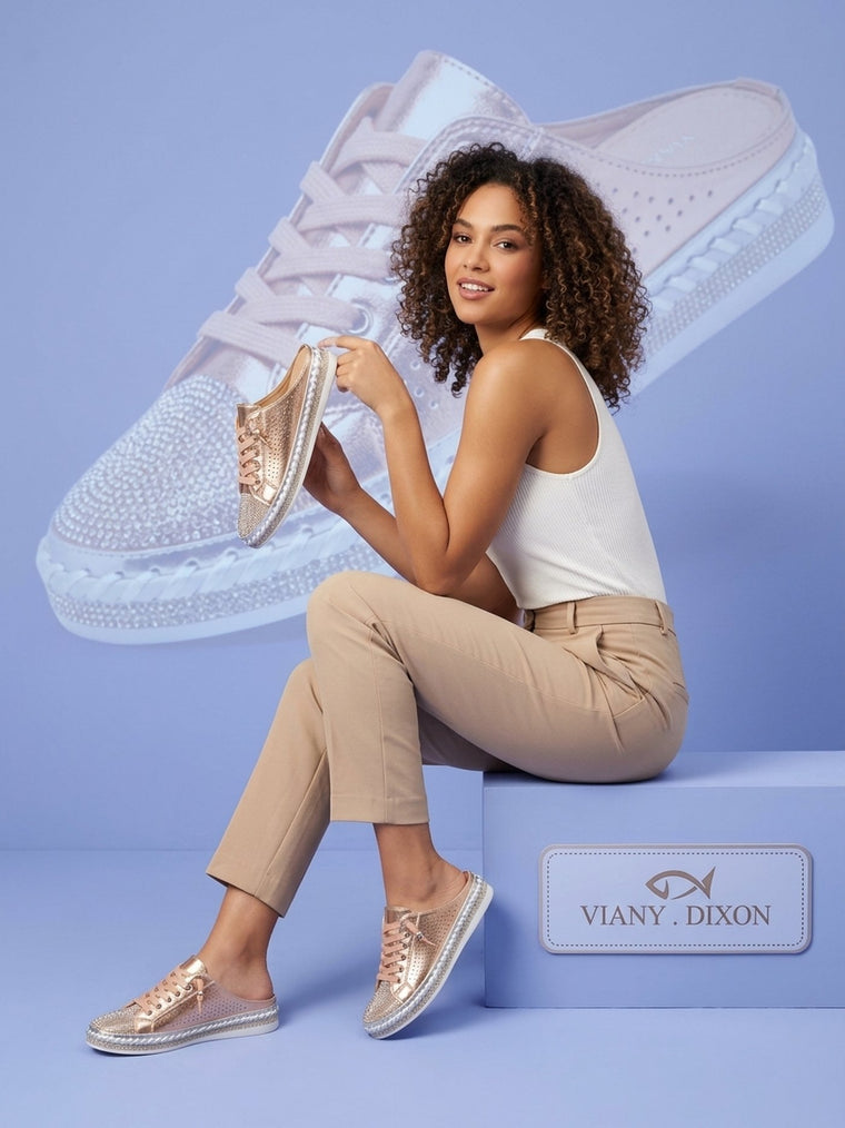 Model wearing the VIANY.DIXON Mule in rose gold