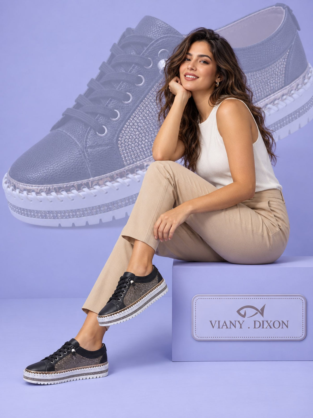 Model seated wearing the VIANY.DIXON Crystal Lace-Up in black