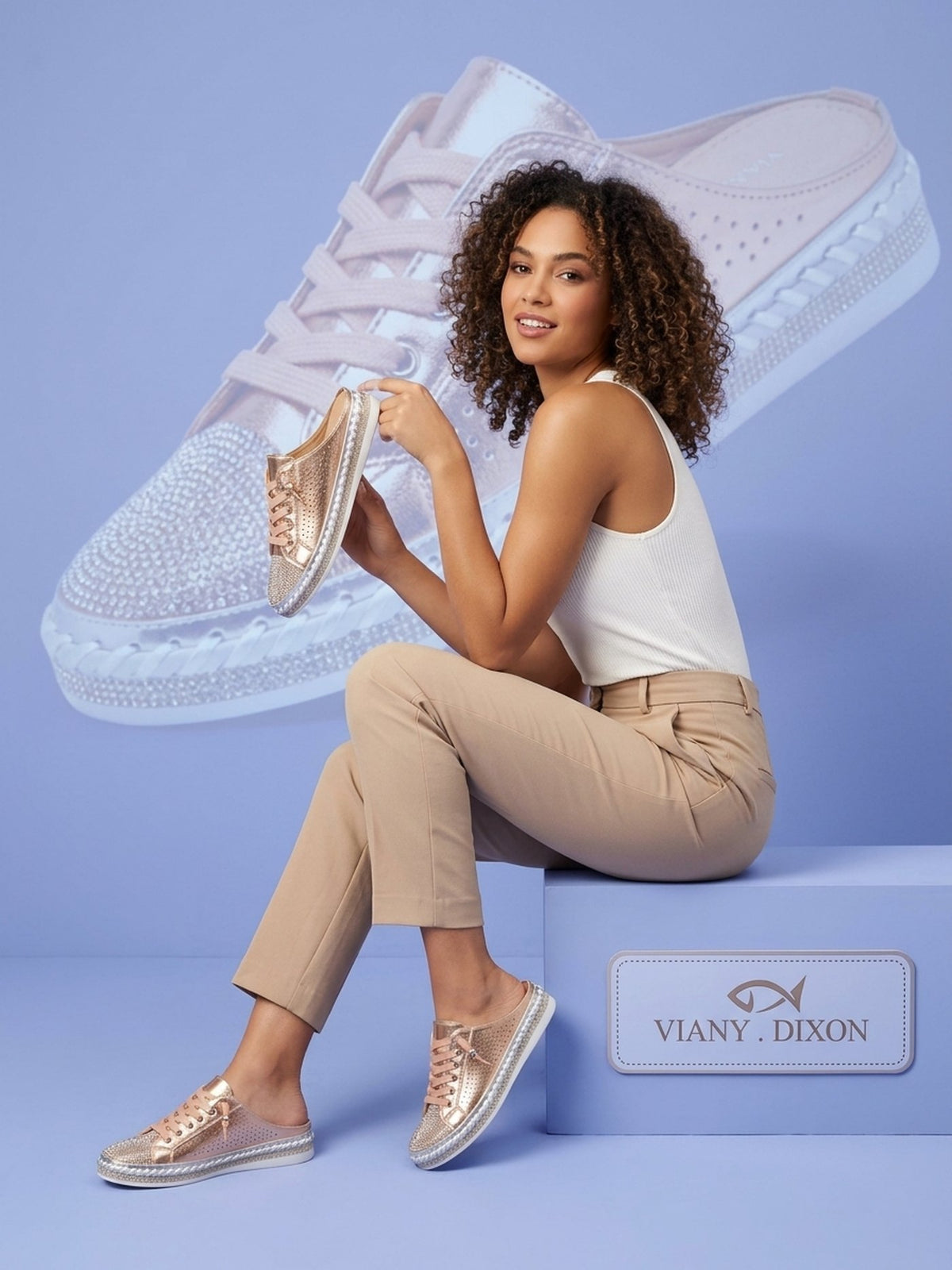 Model wearing the VIANY.DIXON Mule in rose gold